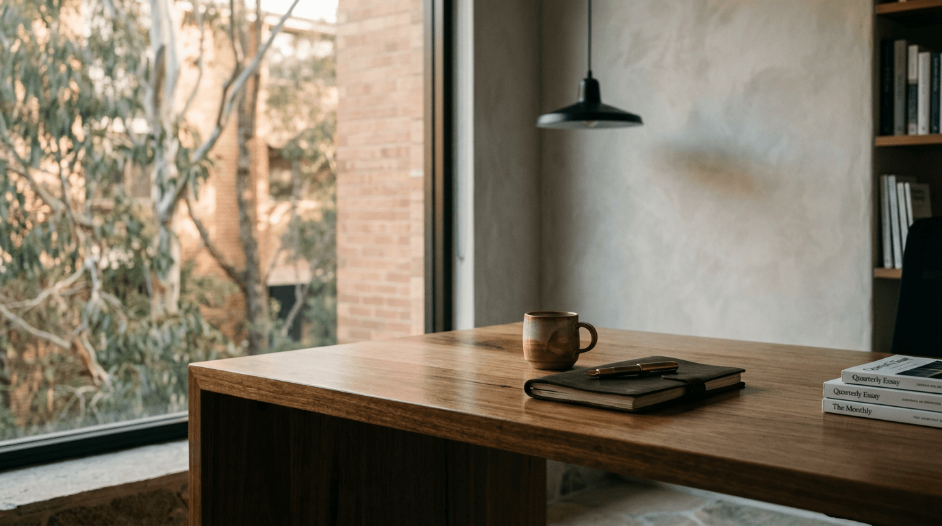 Morning light across a timber desk in Ordron's Sydney working space, eucalyptus visible through the window, representing the calm end-state finance automation delivers.