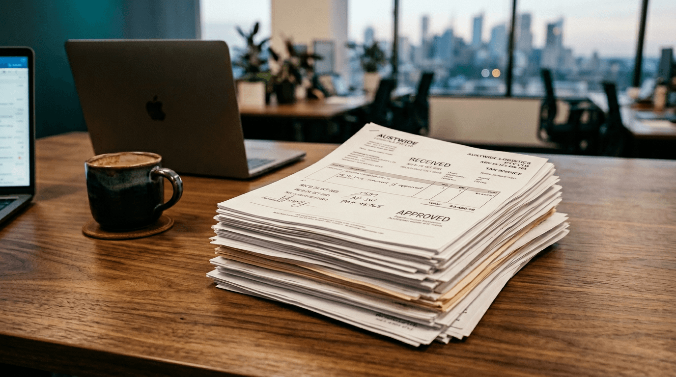 Editorial hero image for the accounts payable automation guide, set in an Australian finance workspace.