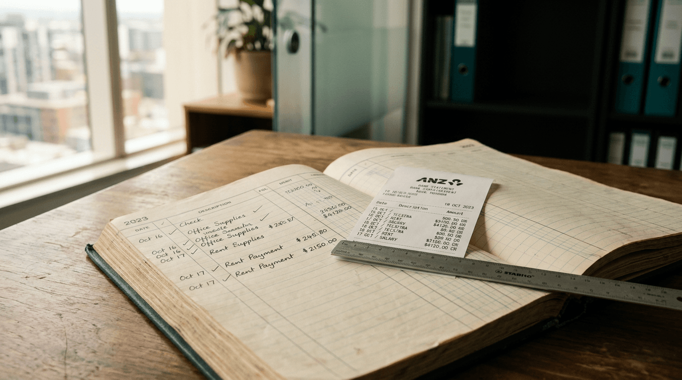Editorial hero image for the reconciliations automation guide, set in an Australian finance workspace.