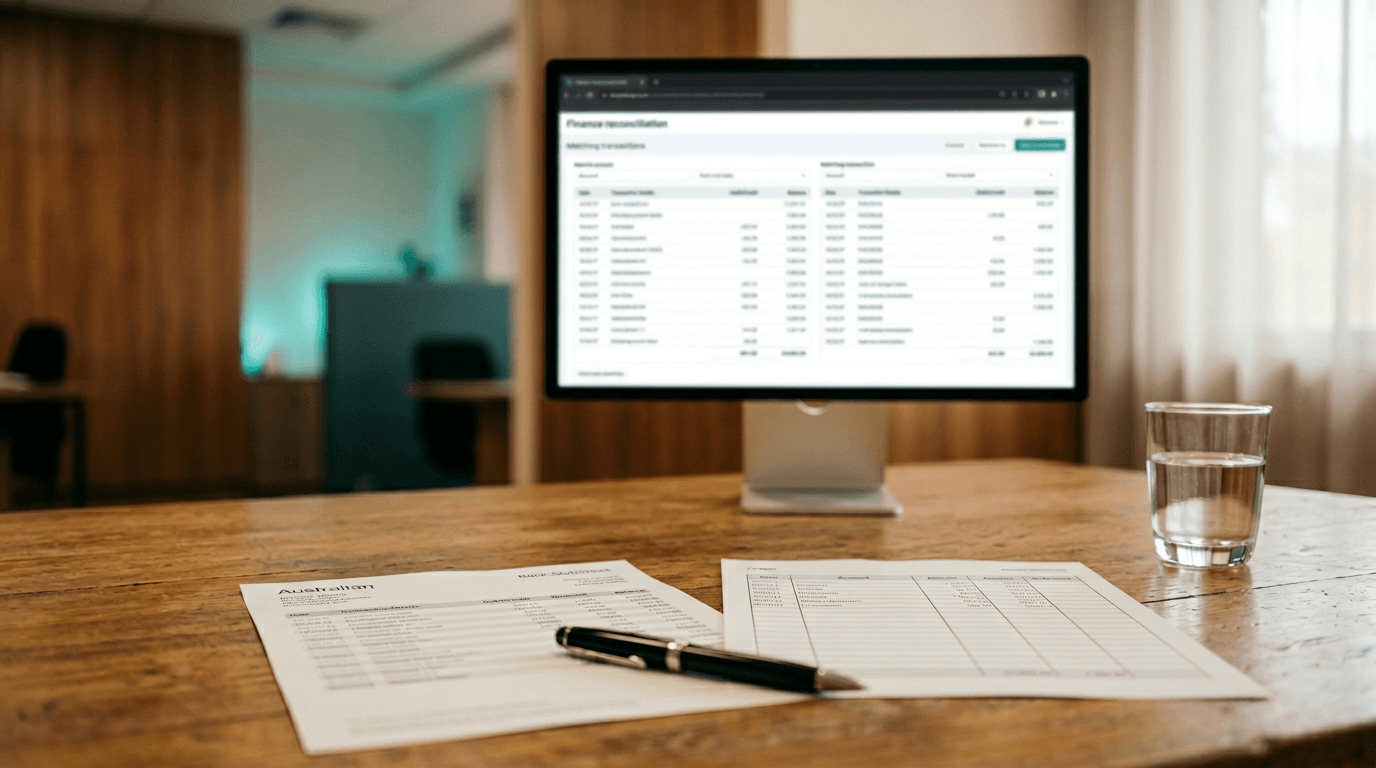 Bank feeds running on a laptop in an Australian finance office, used as the hero image for the Bank feeds automation hub