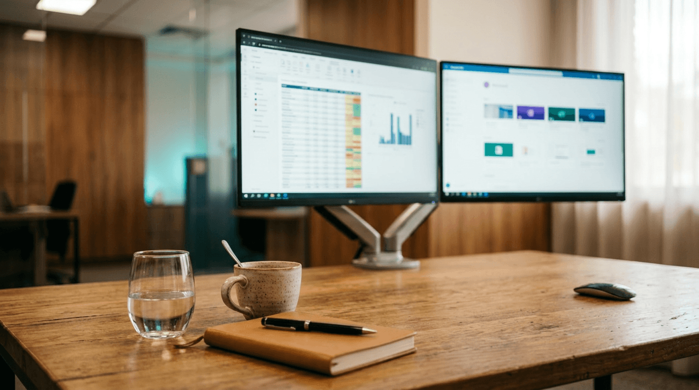 Dynamics 365 running on a laptop in an Australian finance office, used as the hero image for the Dynamics 365 automation hub