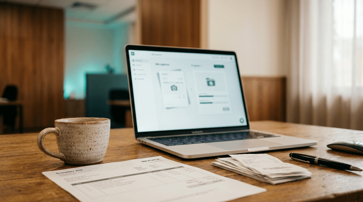 Hubdoc running on a laptop in an Australian finance office, used as the hero image for the Hubdoc automation hub