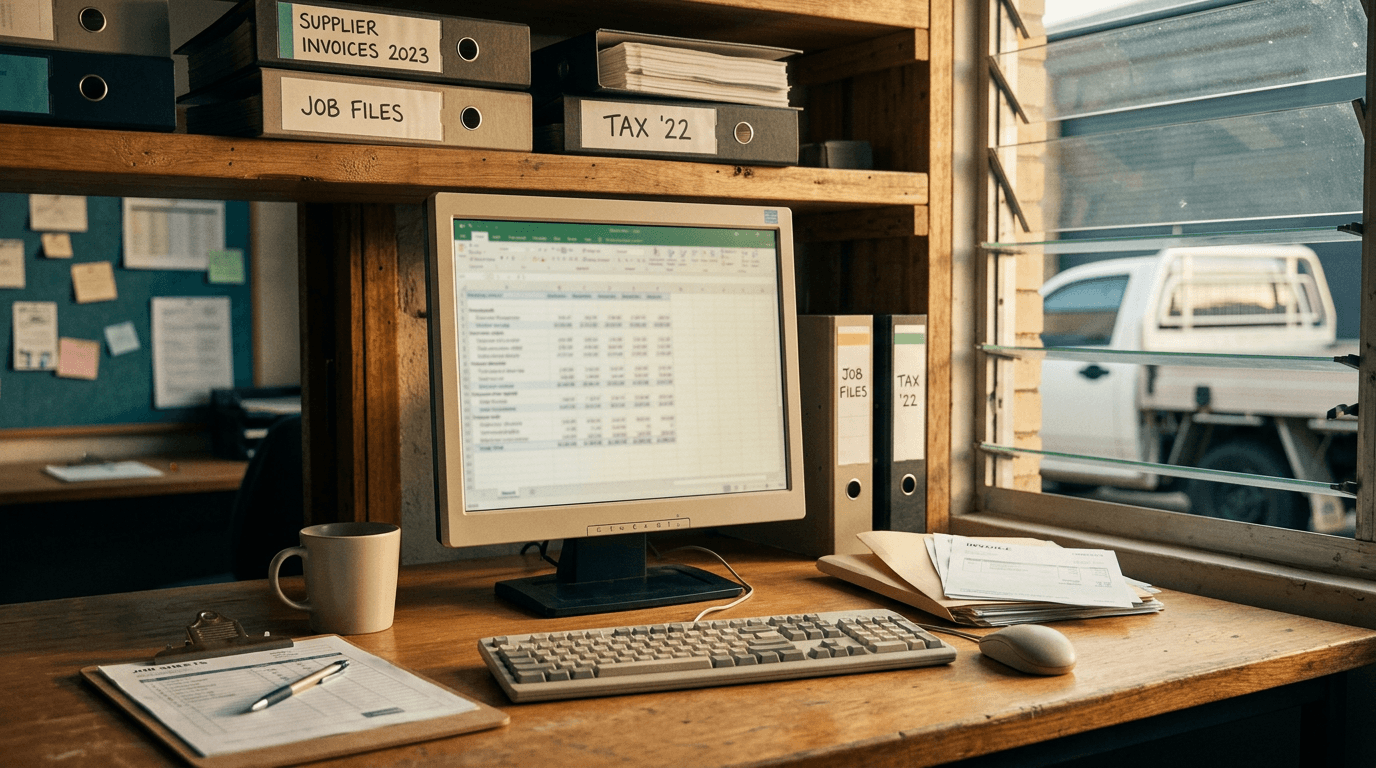 MYOB running on a laptop in an Australian finance office, used as the hero image for the MYOB automation hub