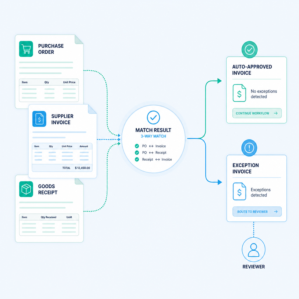 3-way matching diagram showing purchase order, invoice, and goods receipt converging to auto-approve or route exceptions