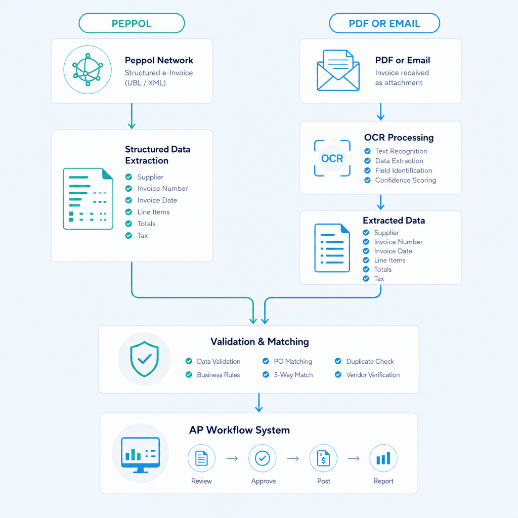 Comparison diagram of Peppol e-invoicing direct data path versus PDF email OCR path into AP workflow system