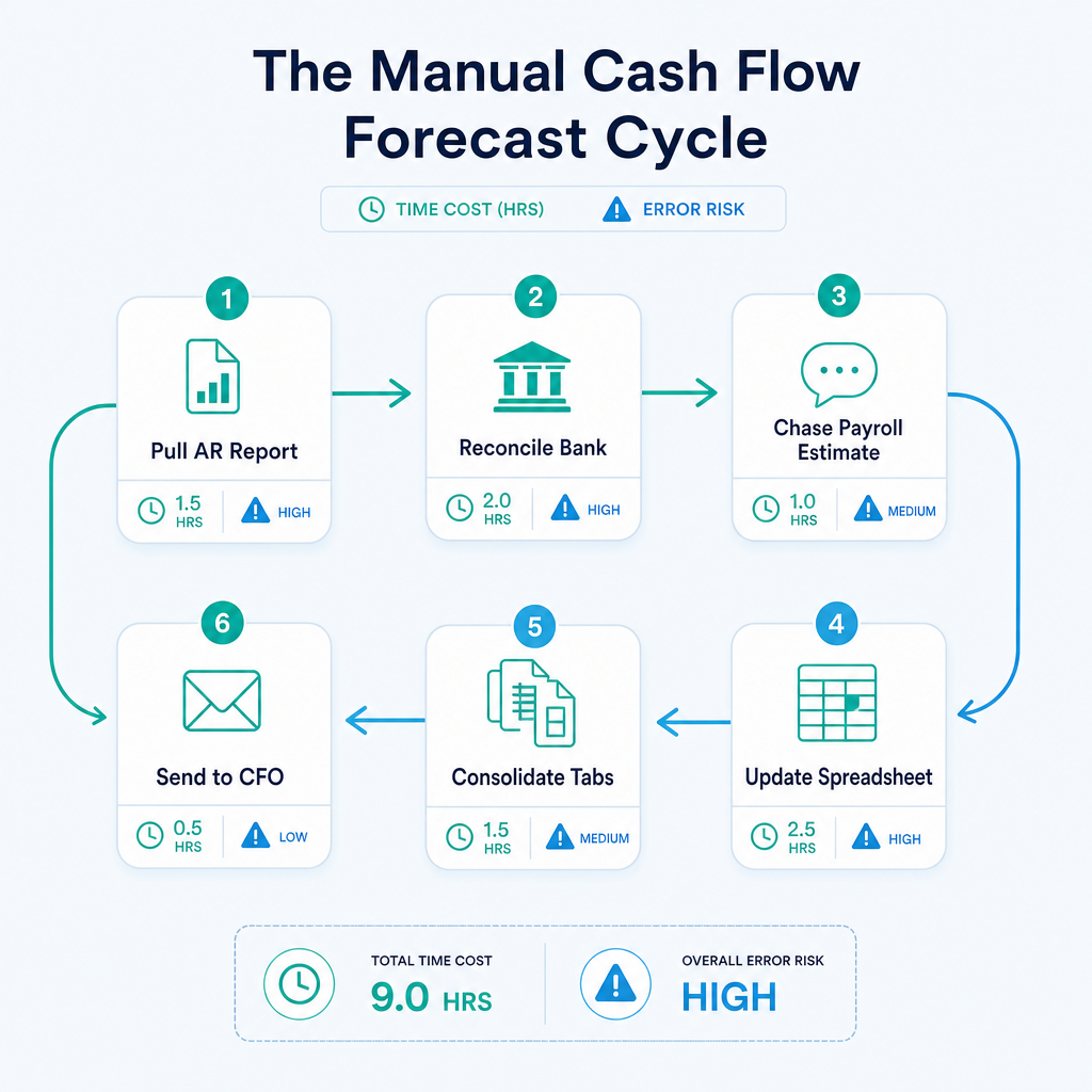 Flowchart of manual cash flow forecasting steps with time costs and error risk annotations at each stage