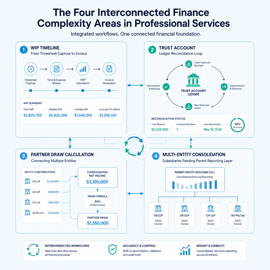 Diagram of four unique finance challenges in professional services: WIP, trust accounts, partner draws, multi-entity consolidation