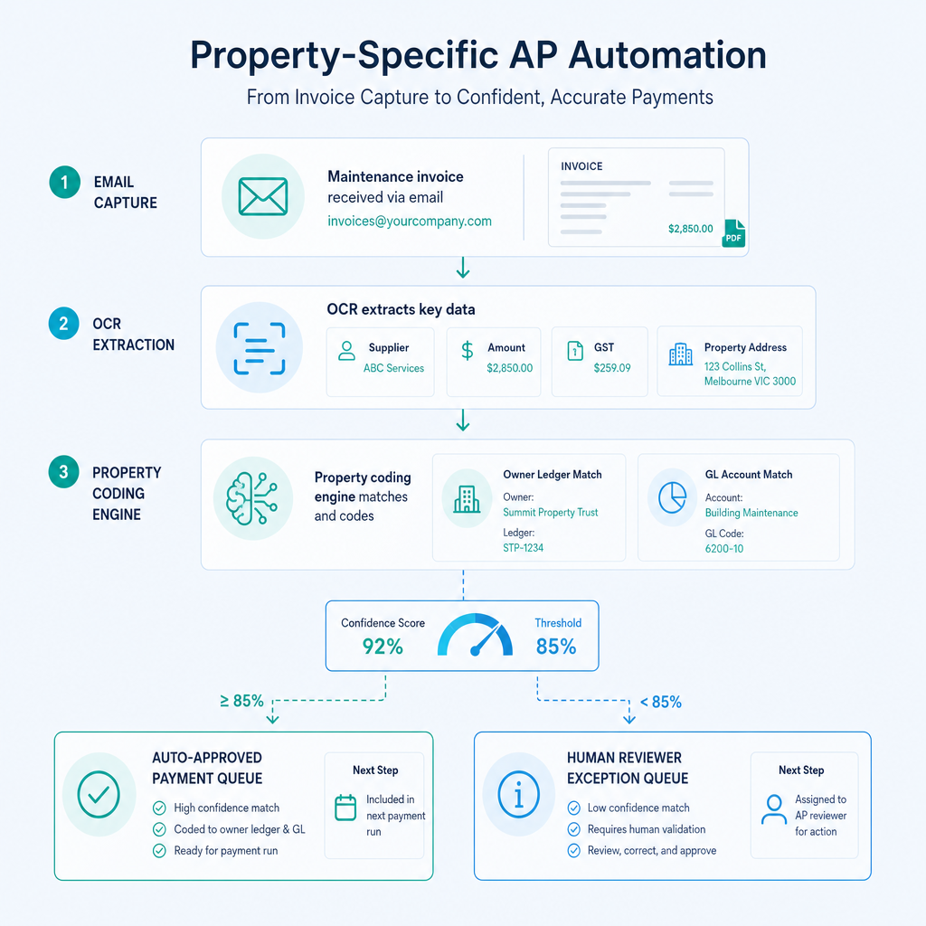 Labelled diagram of property AP automation showing OCR invoice capture, property coding engine, and exception routing to human reviewer