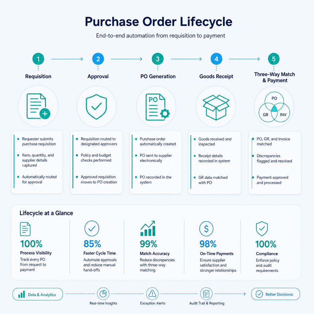 Diagram of the purchase order lifecycle showing five stages from requisition to payment