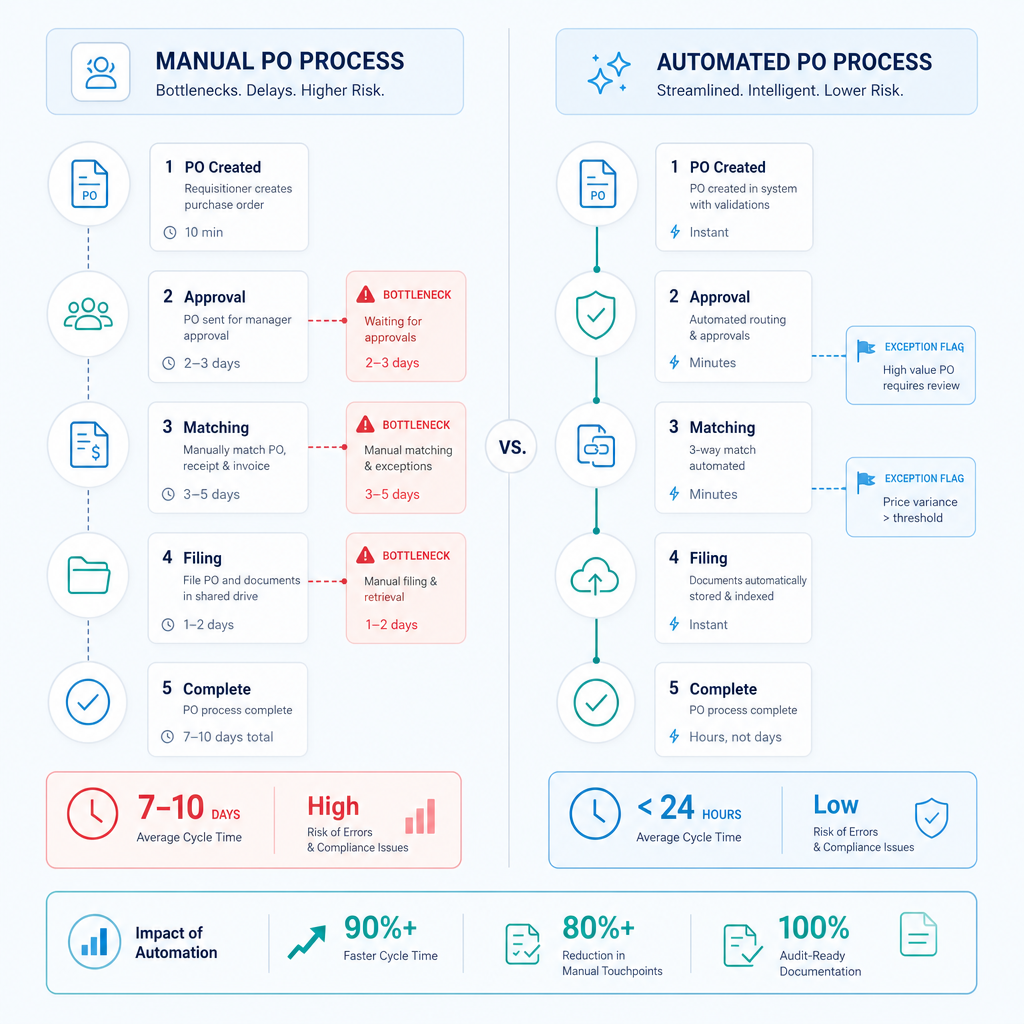 Side-by-side comparison of manual versus automated purchase order process showing bottleneck points