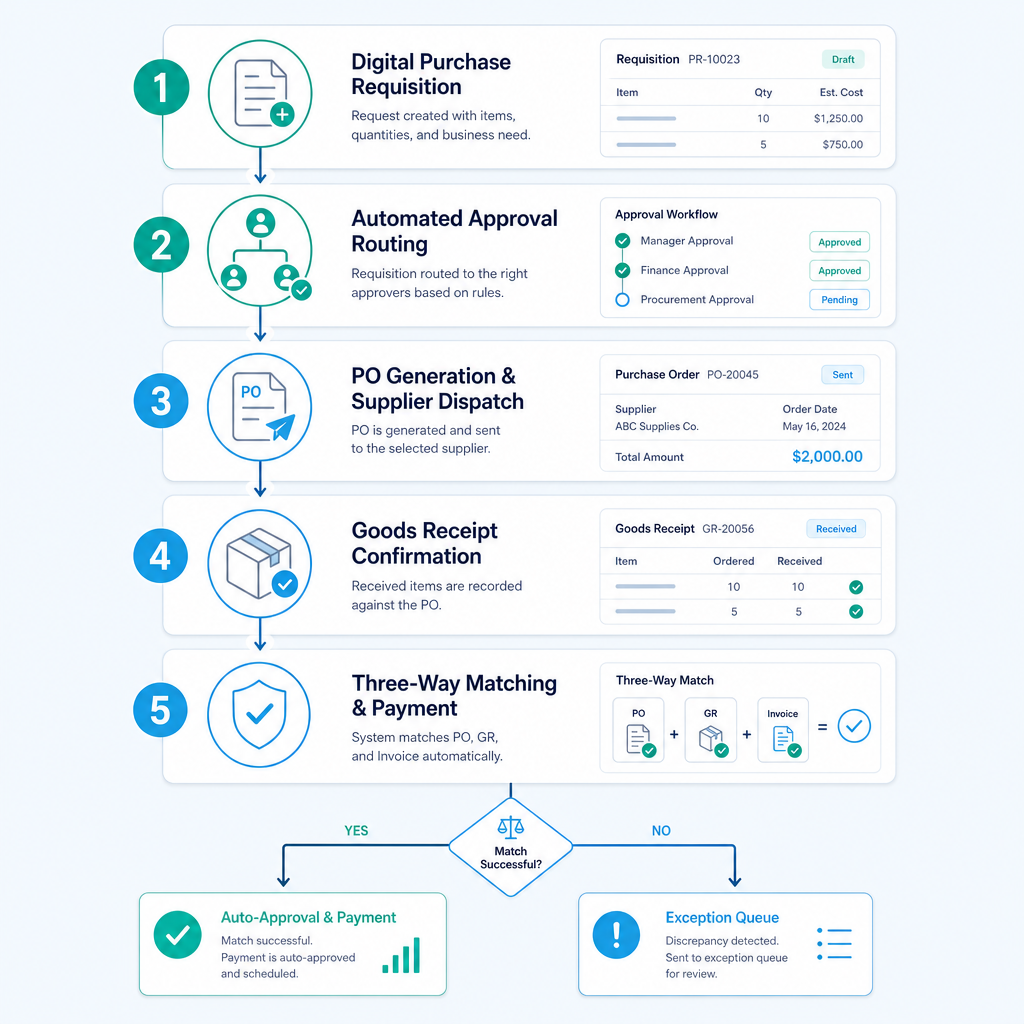 Flowchart of automated PO workflow with five stages including three-way matching decision node