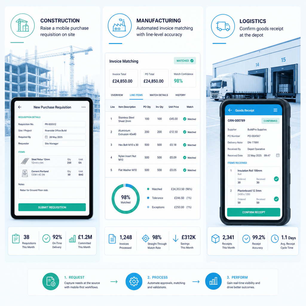 Three industry scenarios showing PO automation use cases in construction, manufacturing, and logistics
